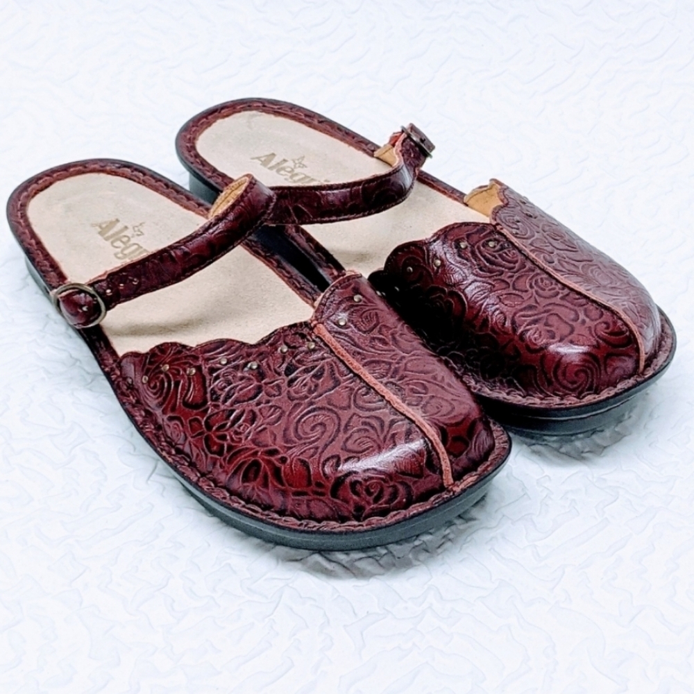 Alegria Tuscany Oxblood Bloom Floral Leather Mules Clogs